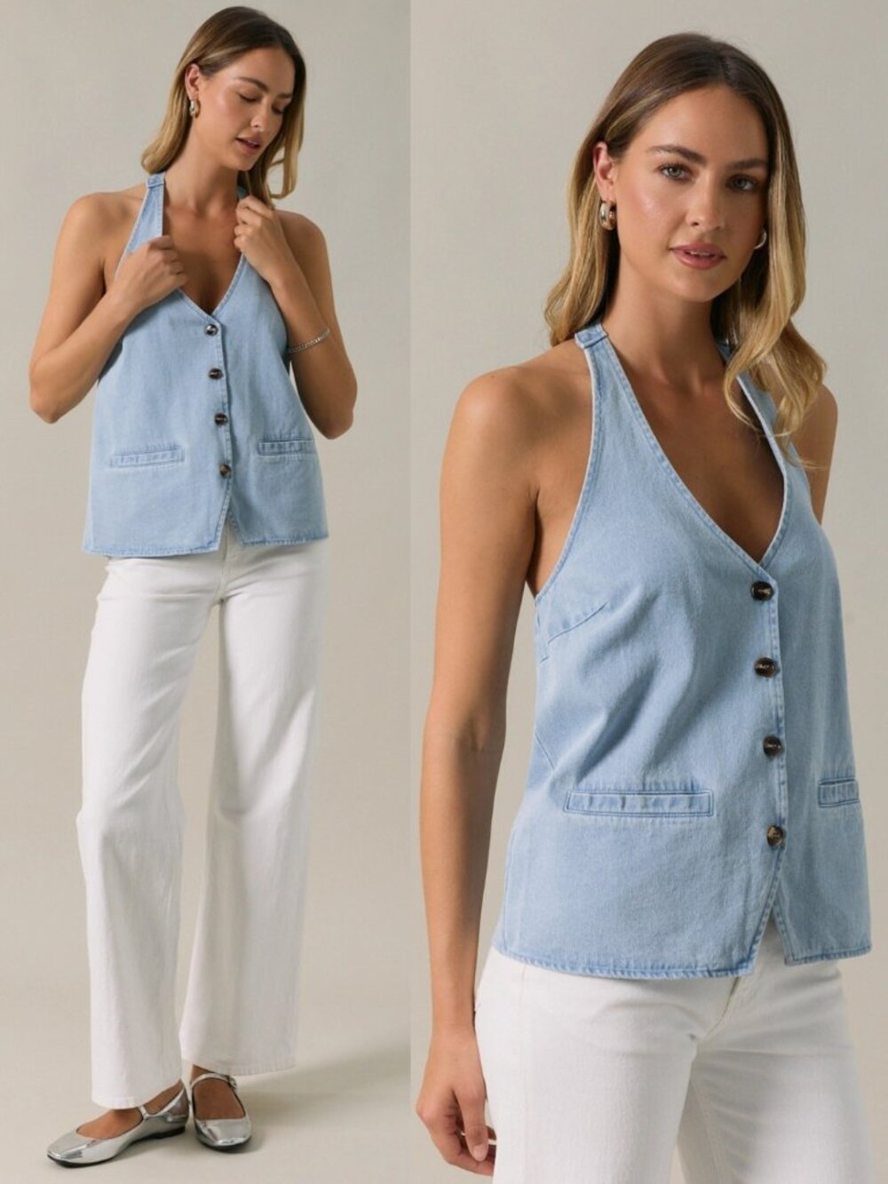 Karina Halter Denim Oversized Vest | Women's Blue Sleeveless Button-Up Halter
